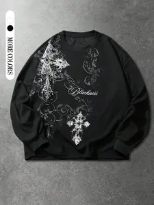 Men's Round Neck Sweatshirt, Long Sleeve, Cross Letter Pattern, Casual Loose-Fit, Spring & Fall, Classic Trendy Streetwear Tops