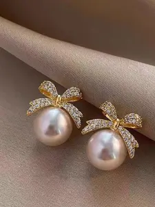 Butterfly Pearl Stud Earrings | Drop Earrings | Pearl Embellished Bowknot Decorated, Anti-fade, Hypoallergenic ,Simple and Elegant, Fashionable for Daily Wear or Parties, Exquisite Gift for Women, 14k Golden Plated Posts