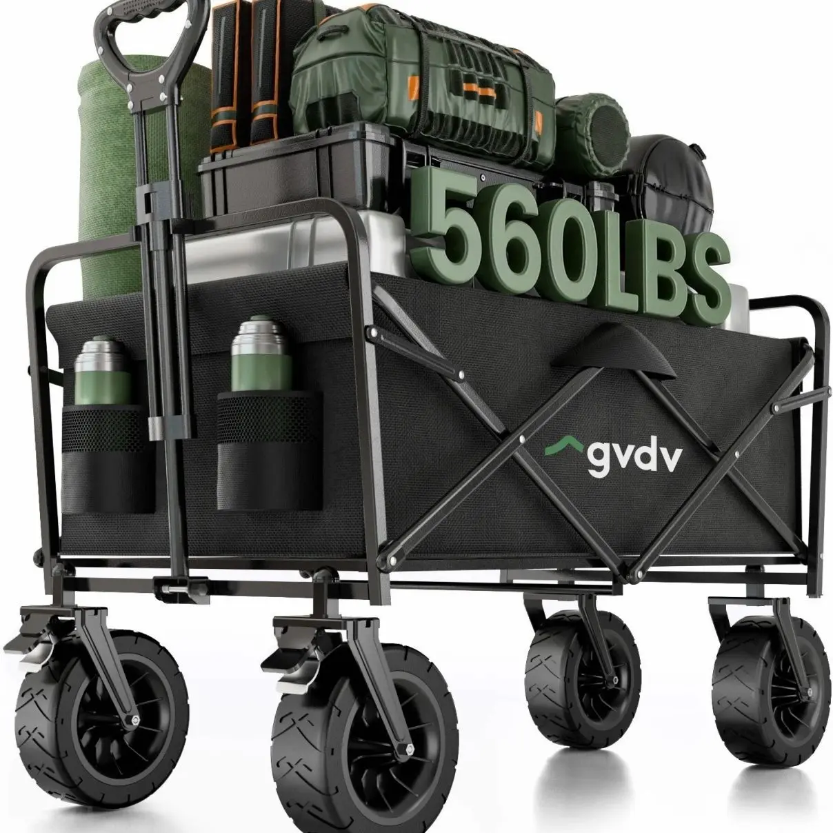 GVDV Collapsible Folding Wagon, 560LBS Large Heavy Duty Utility Cart with All-Terrain Wheels and Adjustable Handles for Shopping, Camping, Sports, Outdoor, Beach, Black