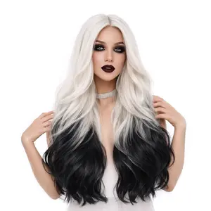 ZIHAN-Long Body Wave Hair Two-Tone Black & White Wigs Synthetic Fiber Hair Wigs for Women For Every Party Halloween Wig COSPLAY
