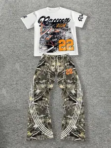Men's 2 Piece Racing Graphic Set, Camouflage Streetwear Outfit, Retro Vintage Racer Print Fitted T-Shirt & Camo Wide Leg Pants, Menswear