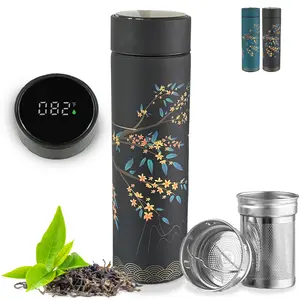 Farasi Tea Infuser for Loose Leaf Tea Smart Water Bottle with Fahrenheit Temperature Display, Stainless Steel, Insulated Coffee and Fruit Tea Infuser Bottle - Black Floral Tea Mug 15 oz