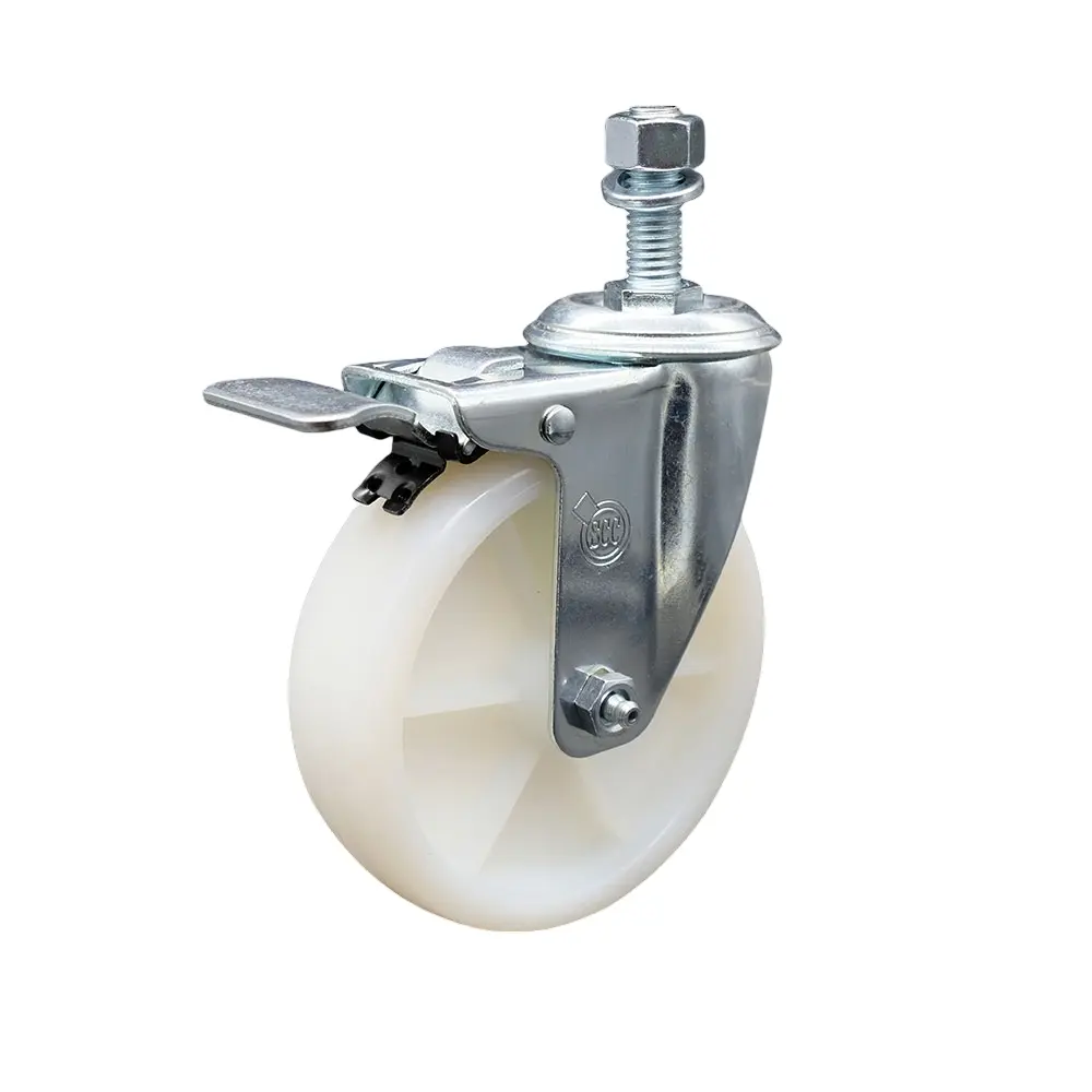 212 MAIN Nylon Swivel Stem Mount Threaded Caster, 5x1.25 in White Lockable Swivel Wheel, 12 mm Threaded Stem, Total Locking Brake, SCC-TSTTL20S514-NYS-M1215 Model, Lockable Wheels, Swivel Wheels