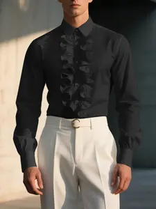 INCERUN Men's Fashion Casual Design Simple Solid Color Detachable Ruffle Long Sleeve Collared Shirt, Perfect for Daily Wear, Stylish and Comfortable