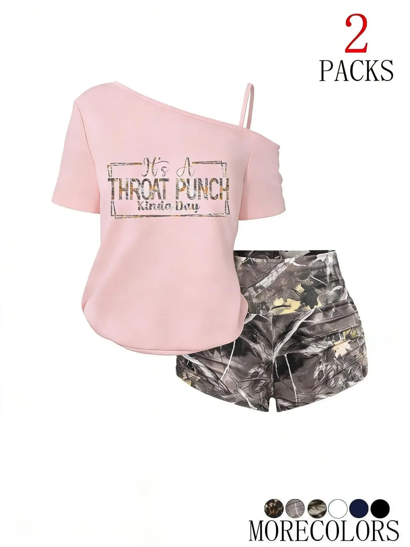 Summer Y2K Sweet Cool Aesthetic 2-Piece Set, Asymmetrical Shoulder T-Shirt + Camo Shorts, Throat Punch Print, Comfortable, Casual & Stylish Clothes