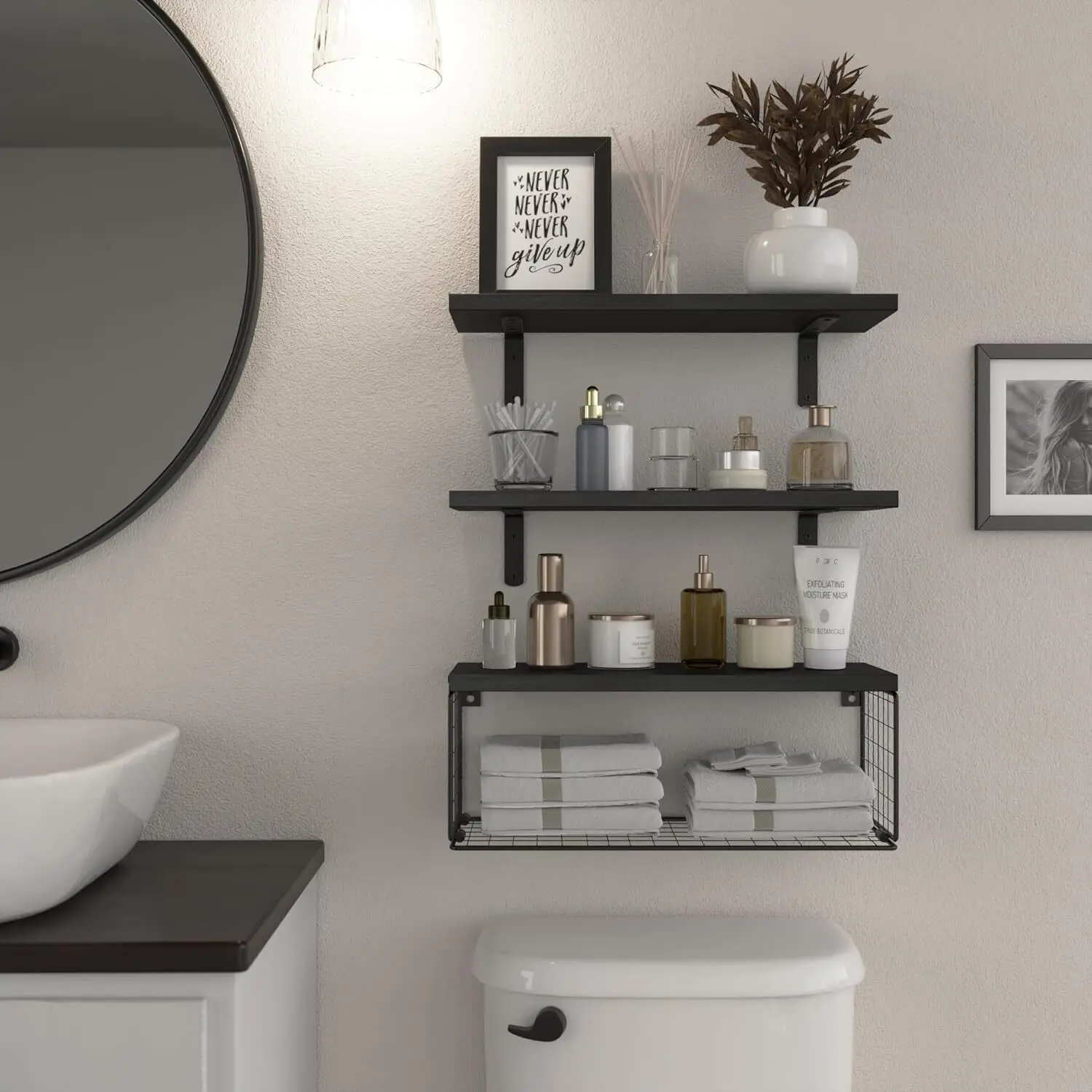 3-Layer Heavy-Duty Rectangular Solid Elm Wood Farmhouse Floating Wall Shelf, Expandable Wall-Mounted Organizer with Edging & Invisible Brackets, Natural Finish Home Supplies Multi-Level Hanging Rack for Living Room, Bathroom