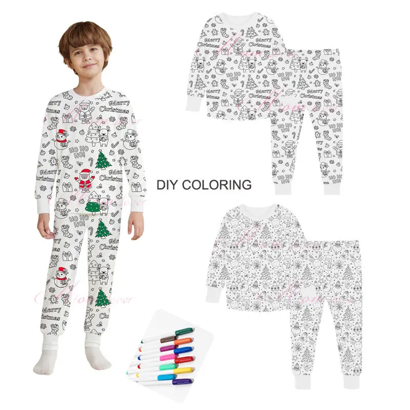 Halloween Fall Gift Cozy Coloring  Kids  Pajamas Set with Markers Soft Cotton 2-Piece Unisex PJs Snug Fit Farm Animal & Butterfly Themes Ultimate Stretch Seasonless Wear Sleepwear Cartoon Print