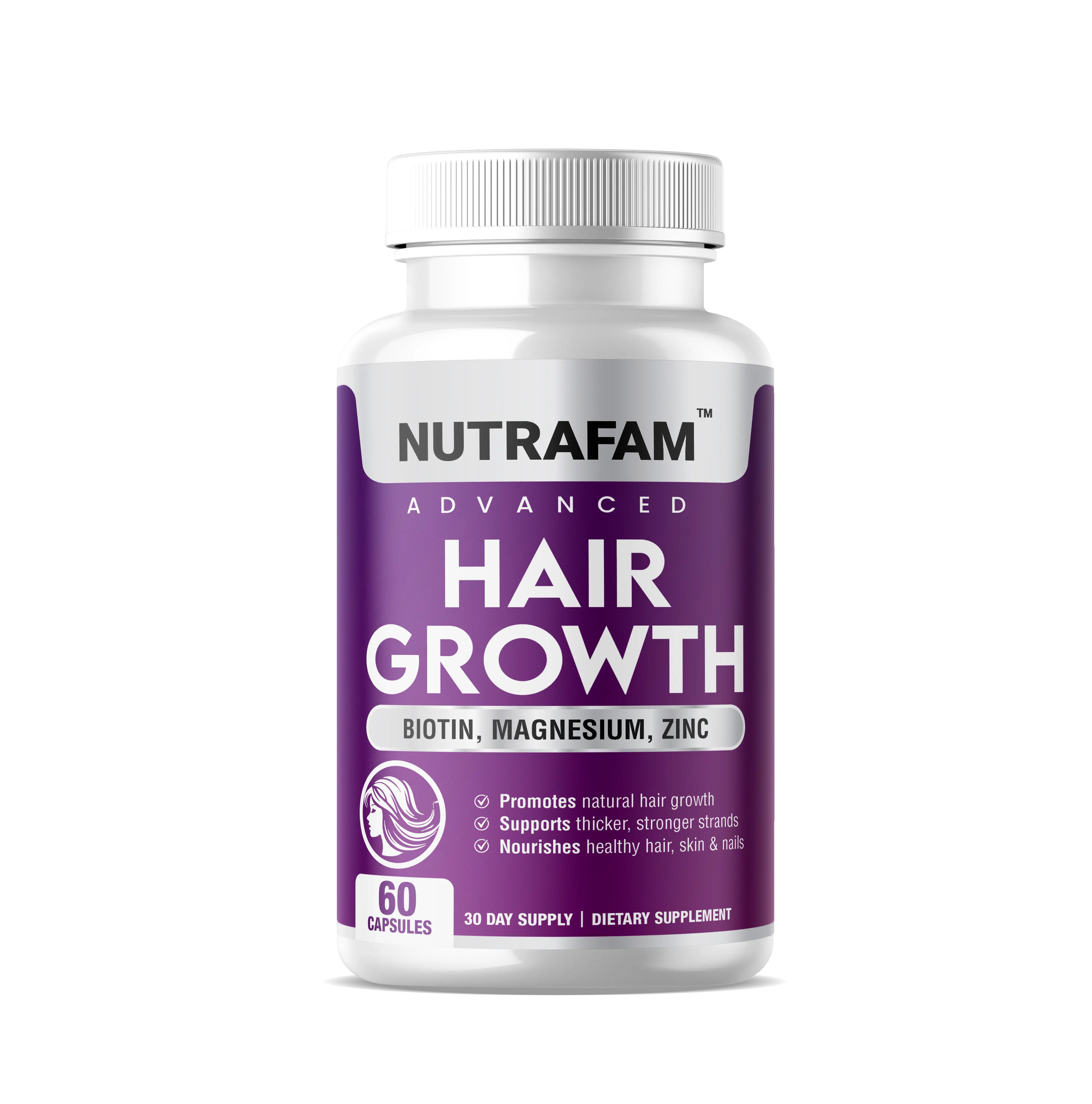 Nutrafam Advanced Hair Growth Vitamins | 250 mg, Vitamin B-6, Biotin, Magnesium, Zinc | Designed to Support Natural Hair Growth | 30-Day Supply