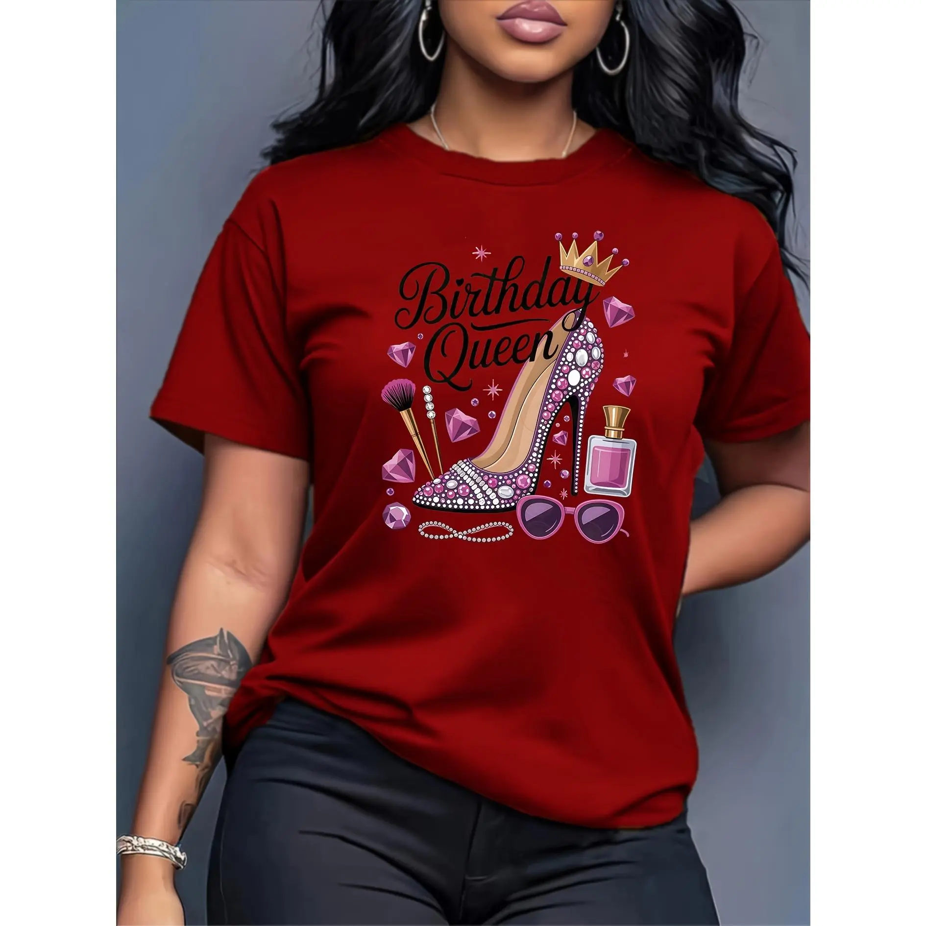 100% Cotton Women's Birthday Queen Pattern T-Shirt - Crown, High Heels, and Perfume Bottle Design Red Casual Top (S-XXXL) - Daily Machine Washable Celebration Style, Medium Stretch Comfortable Wear, Versatile Clothing