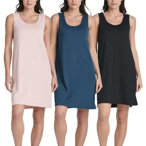 Real Essentials 3 Pack: Women's Scoop Neck Sleeveless Nightgown Sleep Dress Nightshirt (Available In Plus)