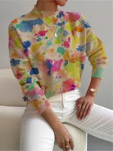 1 piece + Spring, Autumn and Winter styles. Small stand-up collar, Long Sleeve, color-matching, patchwork tie-dye printed women's knitted printed Knitwear sweater. Ideal for holidays, casual and elegant office wear, elegant women's versatile sweater