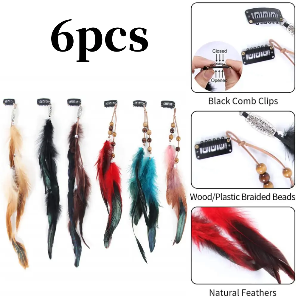 6-Pack Handmade Feather Hair Extensions with Natural Feathers, Beaded Tassel Comb Clip, Boho Fashion Accessory for Festivals, Feather Hair Clip Set, Festival Wear
