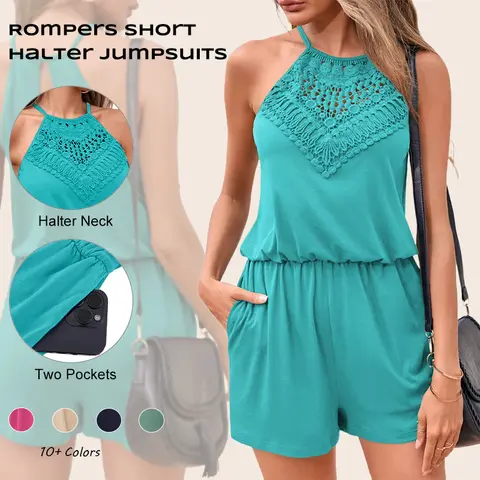 Imily Bela Womens Rompers Casual Summer Rompers Short Halter Jumpsuits Solid Color Elastic Waist Outfits with Pockets