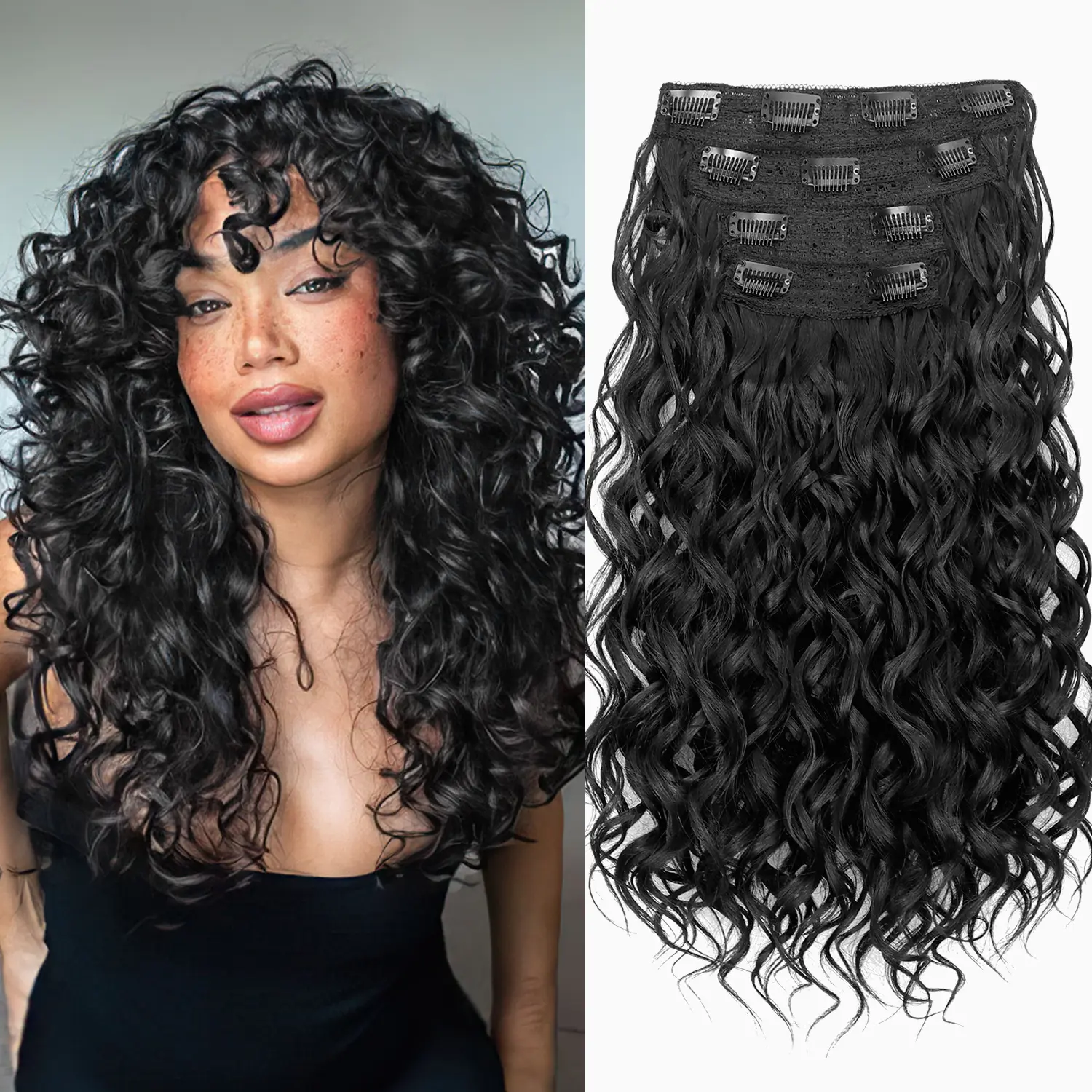 Women's Synthetic Curly Hair Clip-In Weft Extensions, 4Pcs 16in Soft Hair Lace Weft, Invisible High-Stretching Comfortable No-Damage for Ponytail Hairstyle, Ginger Copper Red