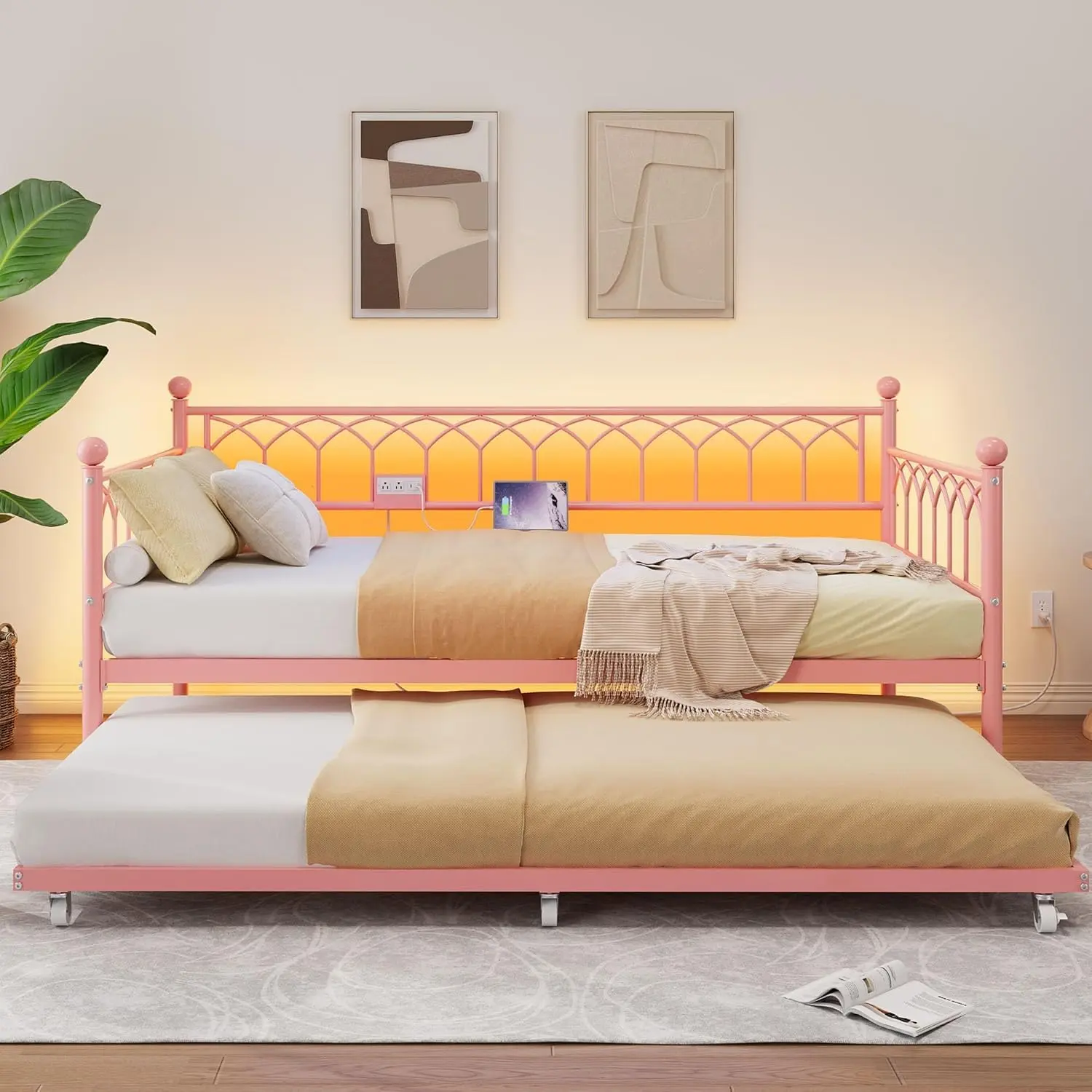 Garvee Twin Daybed with Trundle, Metal Trundle Bed with Charging Station & LED Lights, Sofa Bed Frame with 6 Locking Caster Wheels for Living Room, Guest Room, Apartment, Easily Assembly, Pink