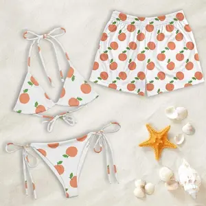 Matching Peach Print Bikini and Swim Shorts Set, Couple Vacation Beachwear Matching Couple Swimwear Set