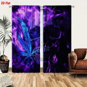 2D Flat  Goth Skull & Neon Smoke Curtain 2-Piece Set, Dark Purple Blue Swirling Pattern with Cannabis Leaf Art, Mystical Ethereal Bedroom Living Room Decor, Edgy Surreal Gothic Style, Blackout & Light Filtering for Privacy & Ambiance