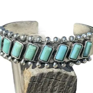 Western Square Turquoise Style Bangel - Unique Design with Turquoise Style Stones and Silver Accents