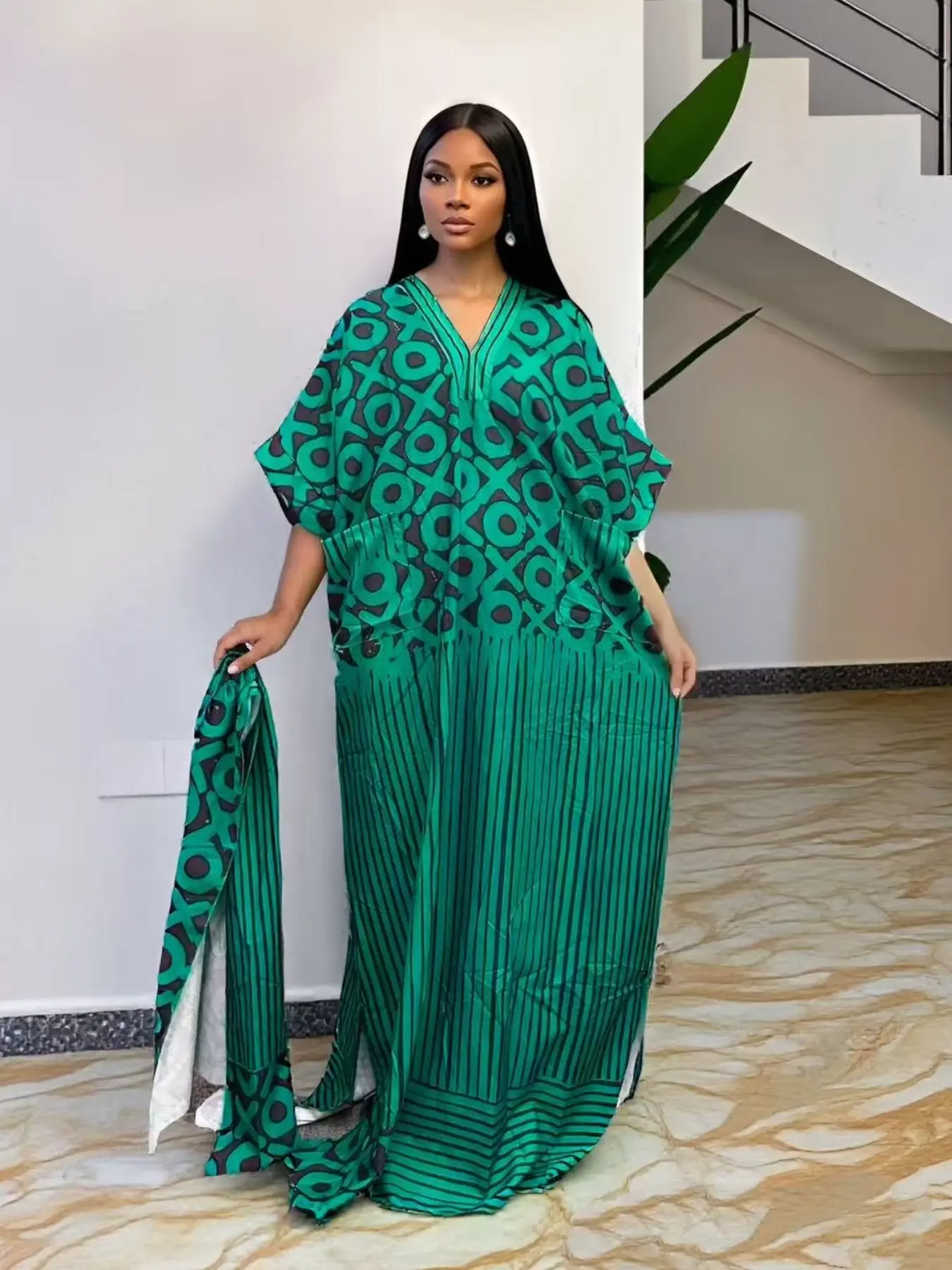 African style contrasting printed loose robe, blue brown letter striped patchwork plus size dress, V-neck bat sleeves, Muslim daily casual long dress, comfortable, breathable, vacation commuting women's clothing, Modest Muslim Clothing, Modesty