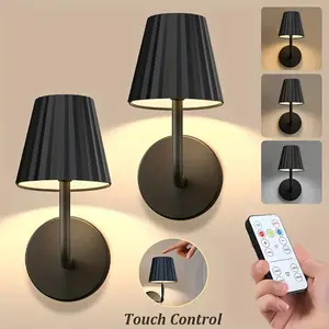 2pcs LED Rechargeable 3 Color Temperature Adjustable Modern Mood Lighting Wall Sconces Light Cordless with Remote Control Magnetic installation, Golden Black Color Cover, Ideal for Home, Office, Cafe Decor, Bedroom Lighting