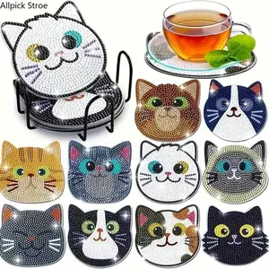 10PCS Cat Diamond Art Coaster Kit, DIY Diamond Painting Coasters with Holder, Wooden Non-Slip Drink Coasters for Beginners and Adults, Cute Cat Craft Set, Relaxing Arts & Crafts Activity, Home Decor and Creative Gift for Cat Lovers