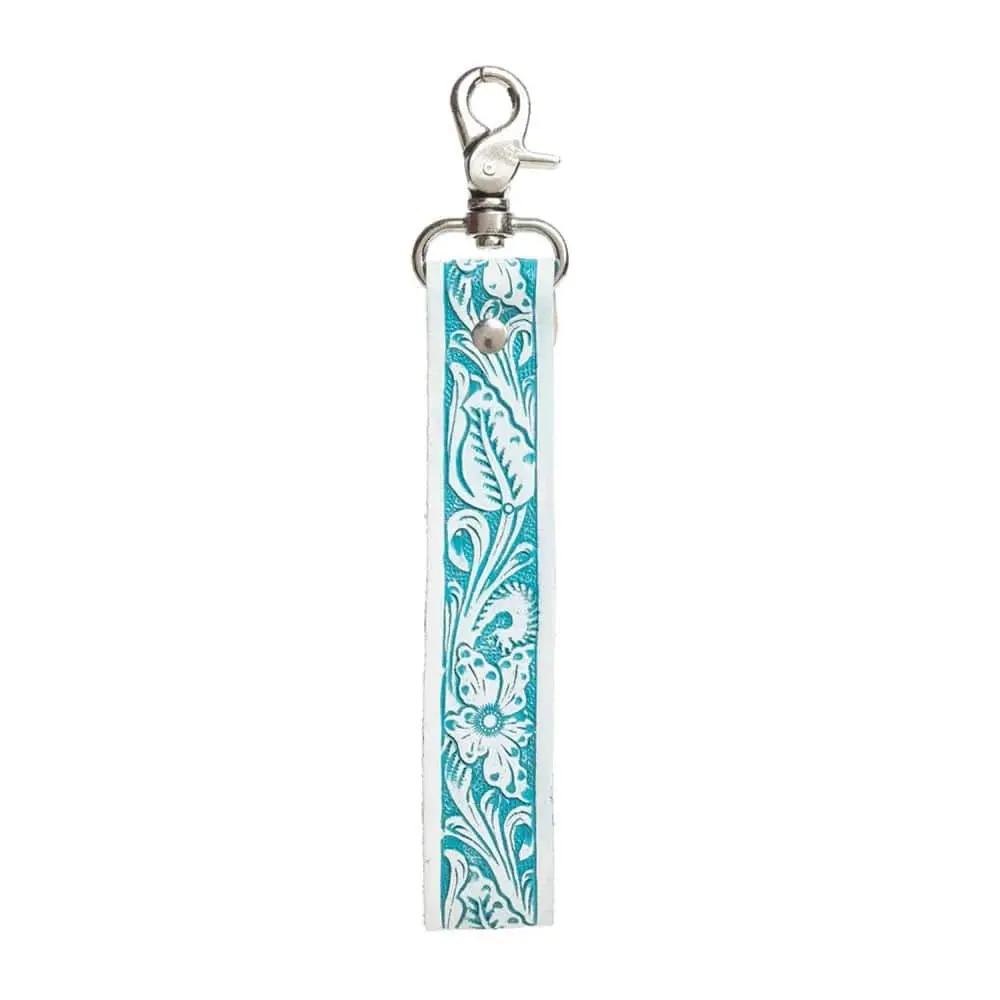Myra Hand-Tooled Heavy-Duty Leather Keychain - Turquoise Traditional Motif Western Print Artisan Handmade 19th-Century Style Alloy Fashion Accessory, Men's Costume Jewelry Bag Charm Pendant, Handmade Keychains, Leather Keychains