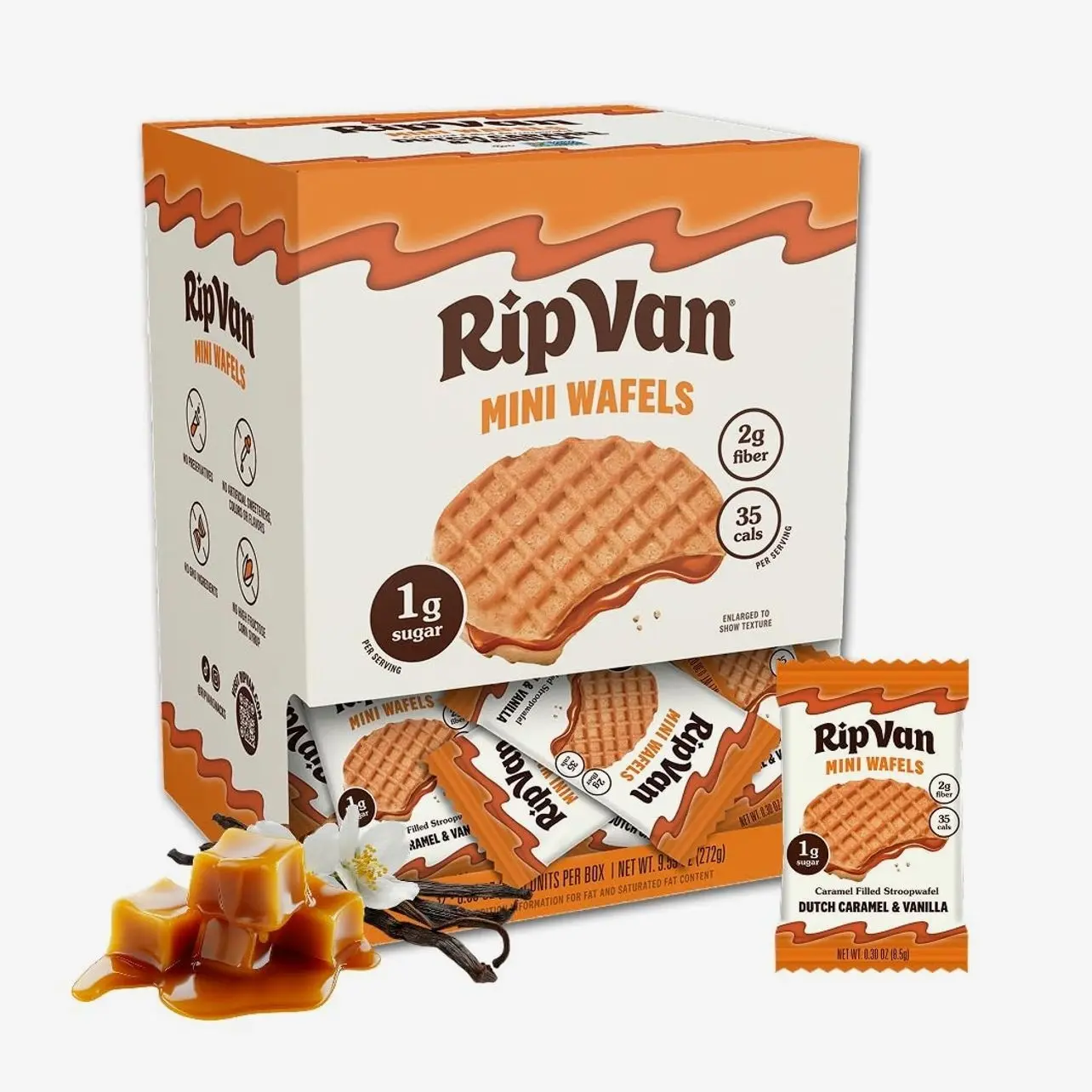 Rip Van Wafels Dutch Caramel Mini Stroopwafels - Low Carb Snacks (3g Net Carbs) - Non GMO Snack - Keto Friendly - Office Snacks - Low Calorie Snack (34 Calories) - Low Sugar (1g) - 32 Pack