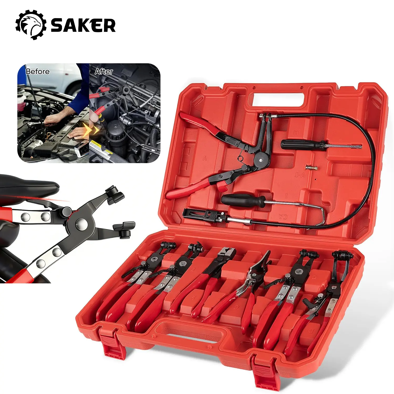 Sakerplus Professional Hose Clamp Kit, Pliers Set - Complete Fuel Line Tool Kit with Hose Removal Pliers & Clip Tools for Automotive Maintenance (9 in 1 Set)