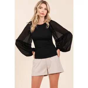 Mittoshop Mixed Media Textured Knit Chiffon Long Sleeve Top