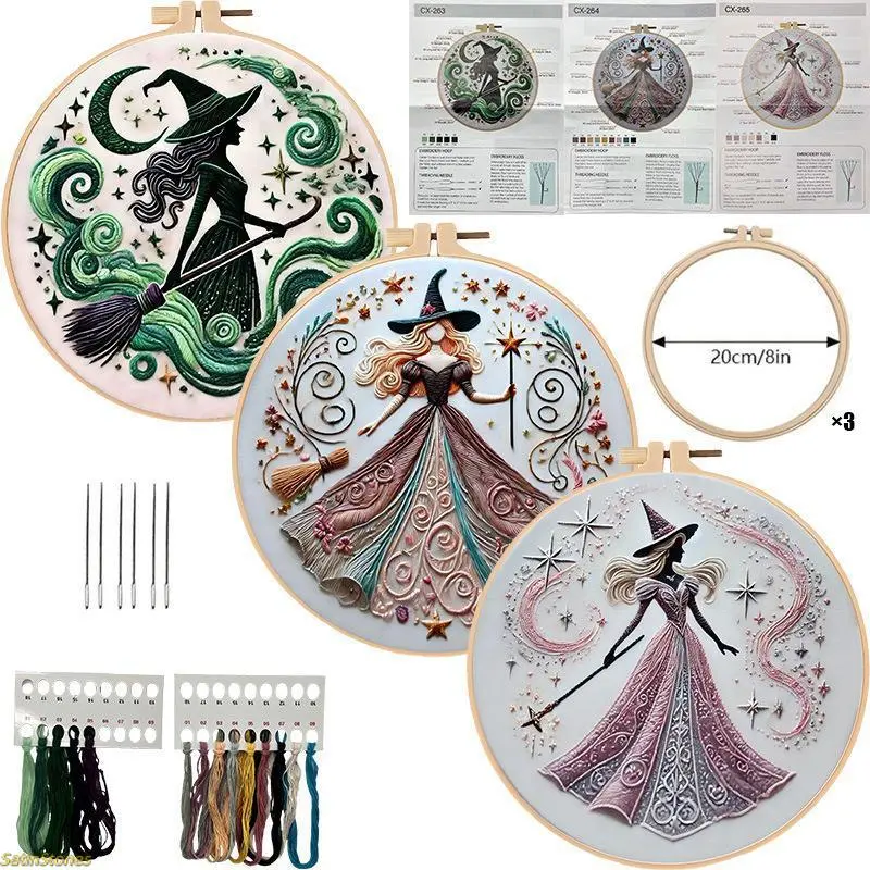 Witch Theme DIY Cross Stitch Handkerchief Kit - Beginner-Friendly Halloween Fashion Accessory Sewing Set with Thread, English Guide, Embroidery Craft, Fabric, No Extra Supplies Needed, Handmade Embroidery