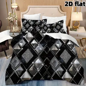 2D Flat 3Pcs Modern Bedding Set Modern Diamond Pattern Bedding Luxury Black Silver Geometric Duvet Cover Glitter Sparkle Design Queen Size Comforter with Pillowcases for Master Bedroom Home Decor
