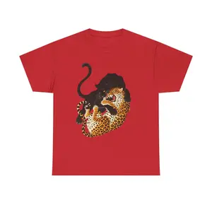 Women's Short-Sleeve Classic Crewneck Tee, Black Panther & Leopard Fighting Graphic, Casual Essential Style, Lightweight Smooth Fabric, Flattering Fit