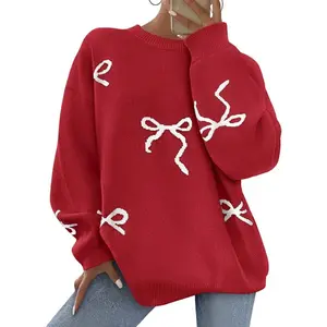 PRETTYGARDEN Fall Long Sleeve Pullover Sweaters for Women Trendy Crewneck Casual Cute Bow Chunky Knit Oversized Sweater