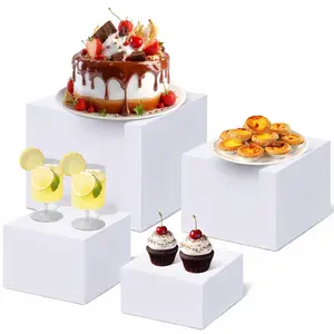 Garvee 4Pcs Buffet Risers Food Risers Table Display Stand Shelf for Party Catering Dessert Collectibles Acrylic Cube Boxes Display with Hollow Bottoms White Set 7" 8" 9" 10"