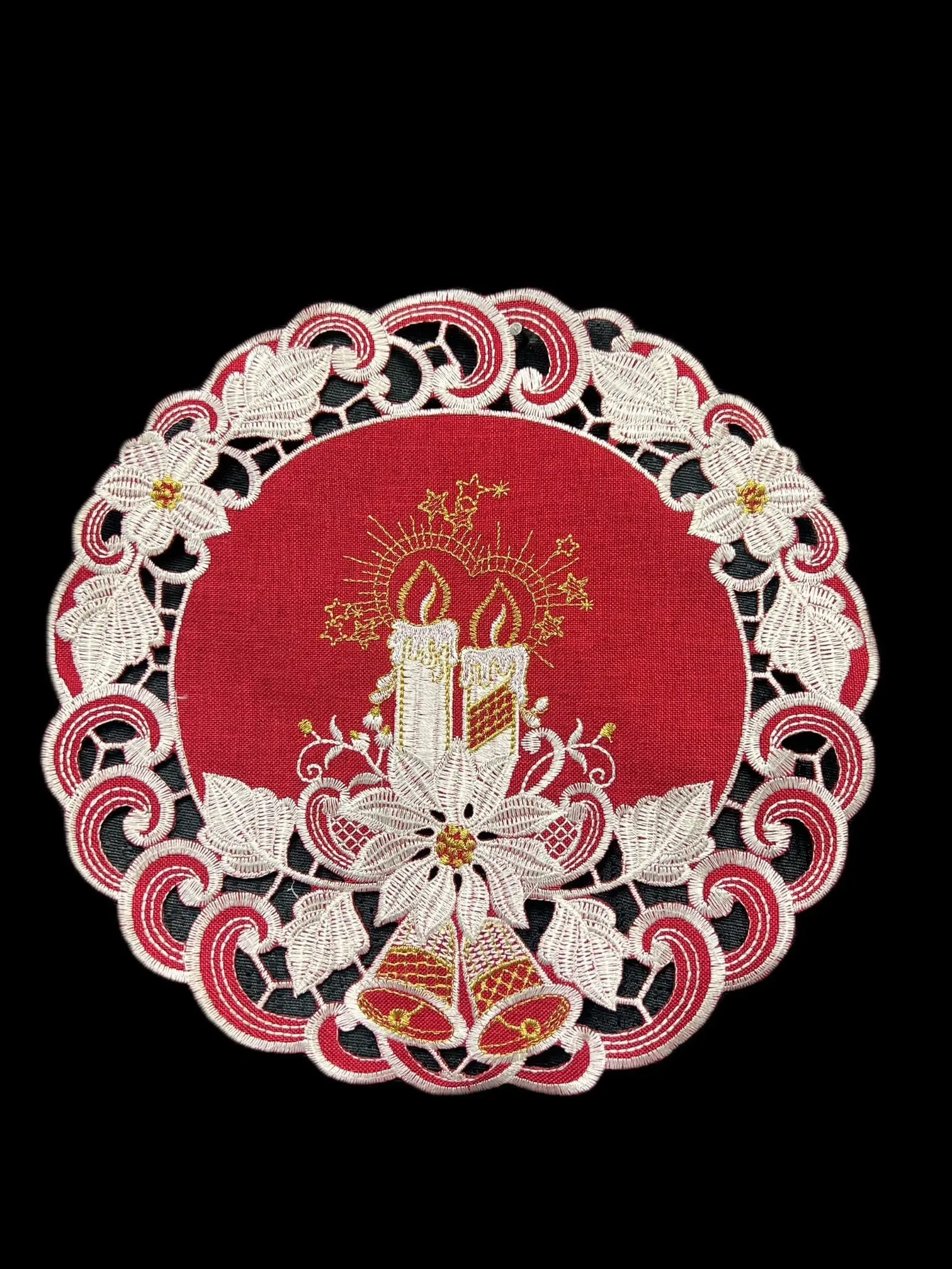 Poinsettia Embroidered Cutwork Round Placemat, 12-Inch diameter