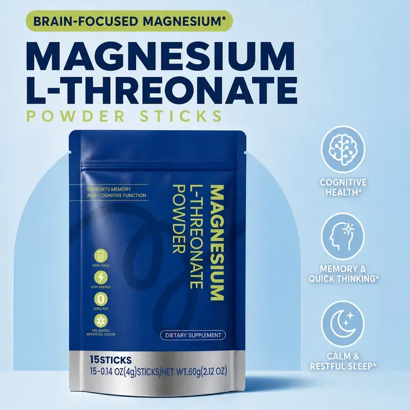 Magnesium L-Threonate Powder Sticks - Single Serve Bioavailable Mg Supplement for Adults, Memory Boost & Cognitive Support, 15 Pre-Measured 4g GMO-Free Travel Packs, No Pills/Scooping, Just Add Water, boost immunity vitality, limited time sale