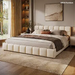 Elegant Beige Checkerboard Chenille Fabric King-Size Bed Frame - Soft Plush Upholstered, Indoor Furniture, Bedroom Bed Frames