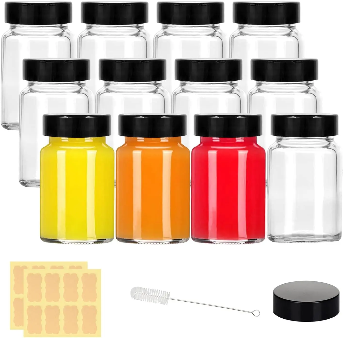 2 oz Small Clear Glass Bottles with  - 12 count Wide Mouth Shot Bottles with Caps for Ginger Shots, Juice, Potion, Liquids,  - Mini Travel Bottles with Funnels, Stickers (12PCS-Clear)