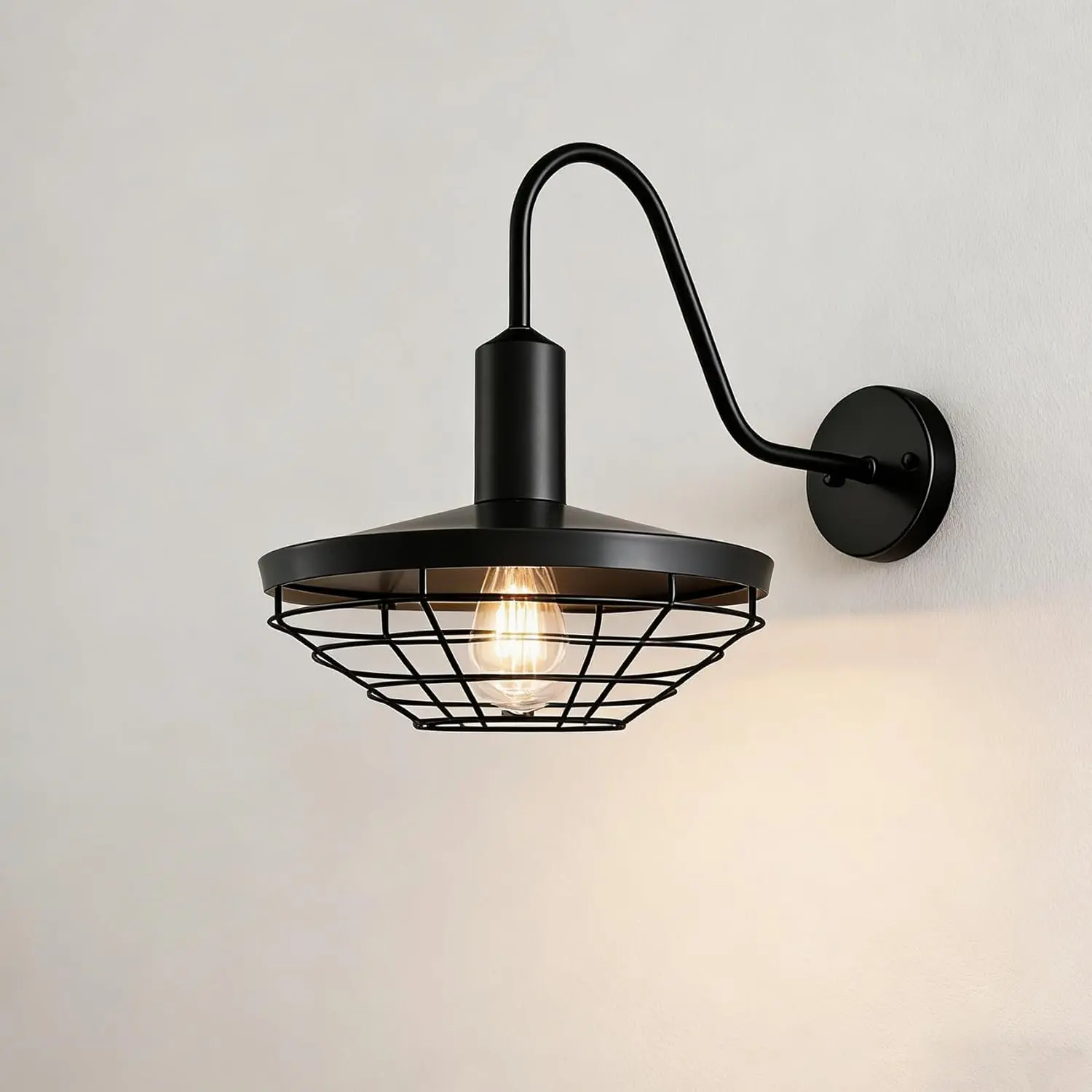 HOLKIRT Black Wall Sconce 1-Light Farmhouse Gooseneck Wall Light Fixture with Barn Shade Sconces Dimmable Barn Wall Lighting for Bedroom Hallway Bathroom, Wire Cage