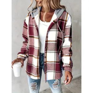 [Plaid Shacket] Warm Plaid Long Sleeve Shacket - Button Fleece Lined Hooded Jackets Coat Fabric Womenswear