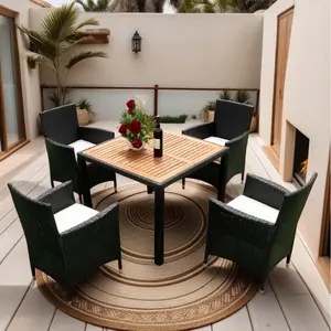 5 Pieces Patio Dining Table Set for 4, Rattan Conversation Set with Seat Cushions & Acacia Wood Tabletop, Outdoor Dining Table with 4 Chairs for Backyard, Poolside & Deck