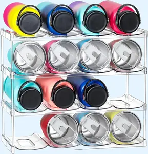 4 Tier Stackable Water Bottle Organizer Holder - for Stanley 40oz & Others' Large Tumbler - Clear Wine Rack, 16 Cup Bottle Holder for Cabinet Home Countertop Fridge Pantry Shelf