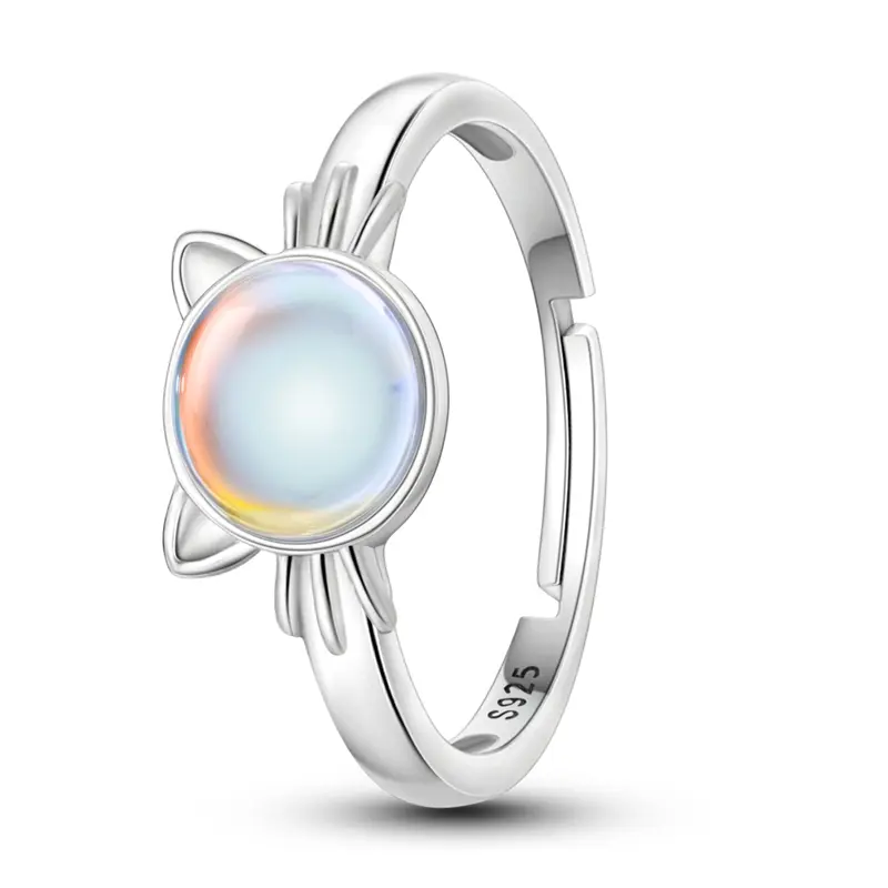 MULA Whimsical Cat Ring in Platinum-Plated 925 Silver, Adjustable Open Shank Jewelry for Girls, Birthday Christmas Gift, Iridescent Glass