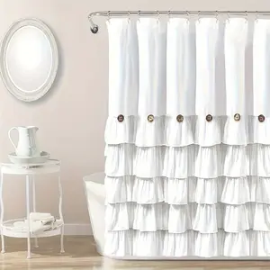 White Ruffled Shower Curtain - 1pc, 72" W X 72" H, Washable Polyester, Layered Ruffle Design, Lightweight, Quick-Dry, Machine Washable, Bathroom Decor, Natural Button Accents
