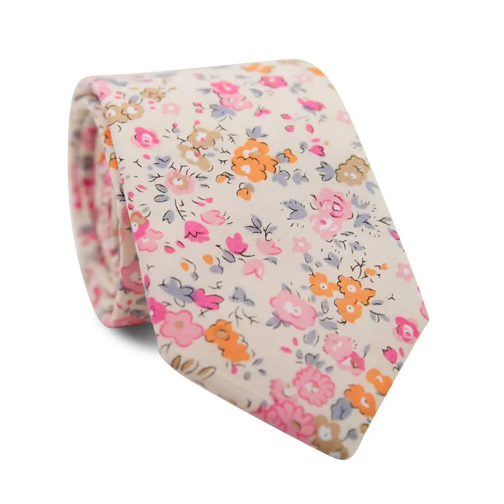 DAZI Men's Skinny Tie Floral Print Cotton Necktie, Great for Weddings, Groom, Groomsmen, Missions, Dances, Gifts. (Pink Meadow)