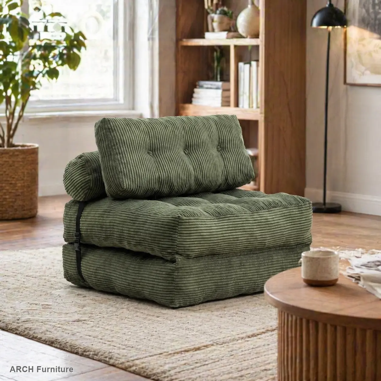 Green Single-Size Corded Fabric Foldable Futon Sofa Bed Set - Compact, 34.7x68.5 in Upholstered Sleeper Chair with Pillow, Comfortable Shredded Foam Filling Supported Mattress, Portable 1-Person Indoor Space-Saver for Living Room, Bedroom