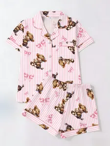 Spring Summer Women's Sleepwear Set, Bear Print Cardigan Short Sleeve Sleep Pajamas Shorts, Casual Loose Fit Home Wear, Comfortable All Seasons, Pajama Set