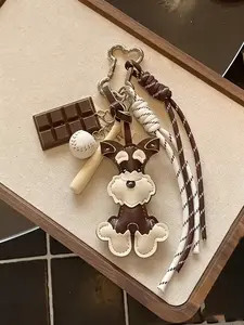 Schnauzer Baseball Bag Charm Realistic Faux Chocolate Accessories Two-Tone Braided Rope Tassel American Vintage Style Sweet And Edgy Style Cute And Heartwarming Trendy & Versatile For Bags, Keys, And Earphone Cases Purse Accessories Stylish Playful Charm