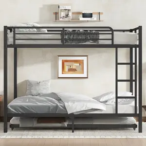 Metal Bunk Bed Quene Over Queen with Trundle,Heavy Duty Steel Frame,Twin Bunk Beds with Ladder & Guardrails | Space-Saving Bed for Kids Room, Guest Bedroom (Black)