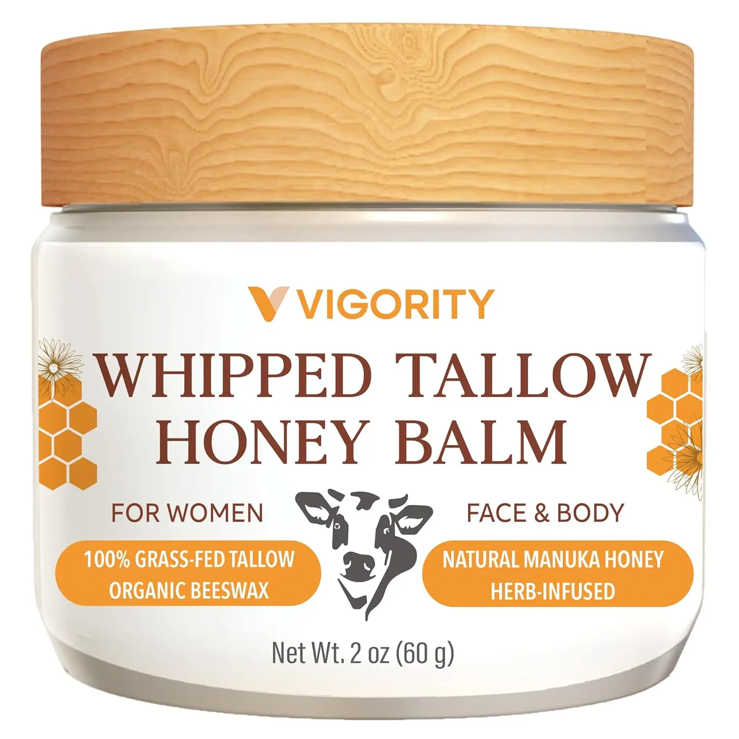 Vigority Women’s Organic Grass-Fed Whipped Beef Tallow Face Moisturizer - 2 oz Unscented, Deep Moisturizing Nourishing, Gentle Soothing & Skin Repair for All Skin Types - With Manuka Honey, Beeswax, Olive Oil